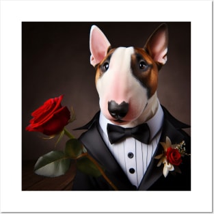 Bull terrier dog in formal tuxedo with rose Posters and Art